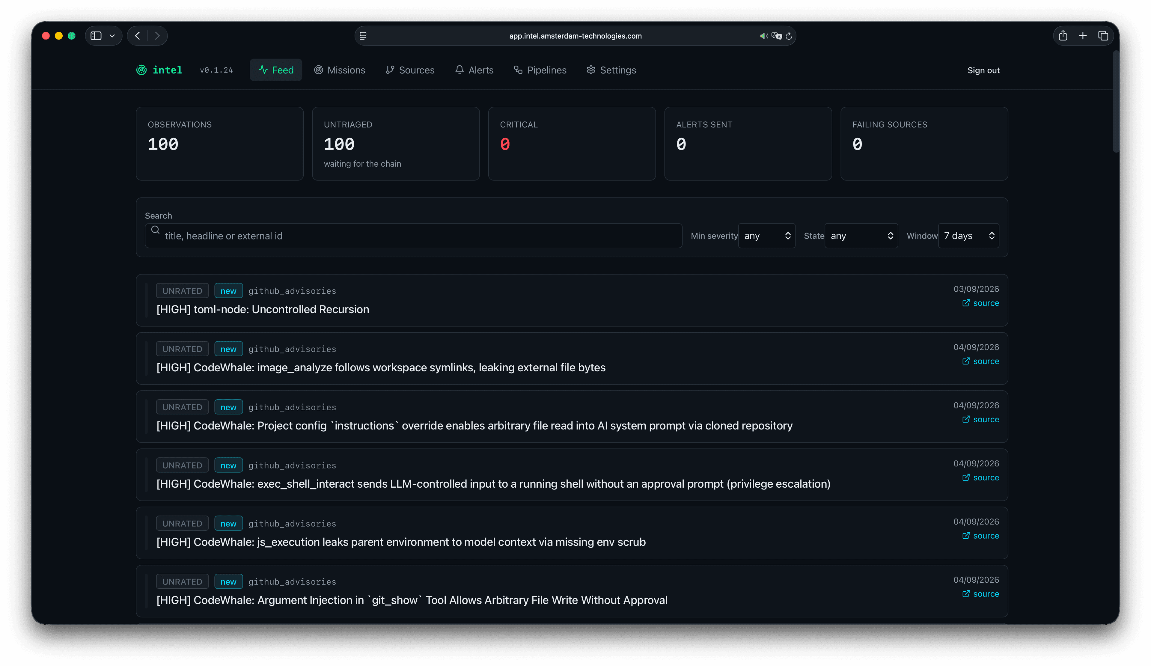 Intel security feed listing observations with status, source, and delivery metrics