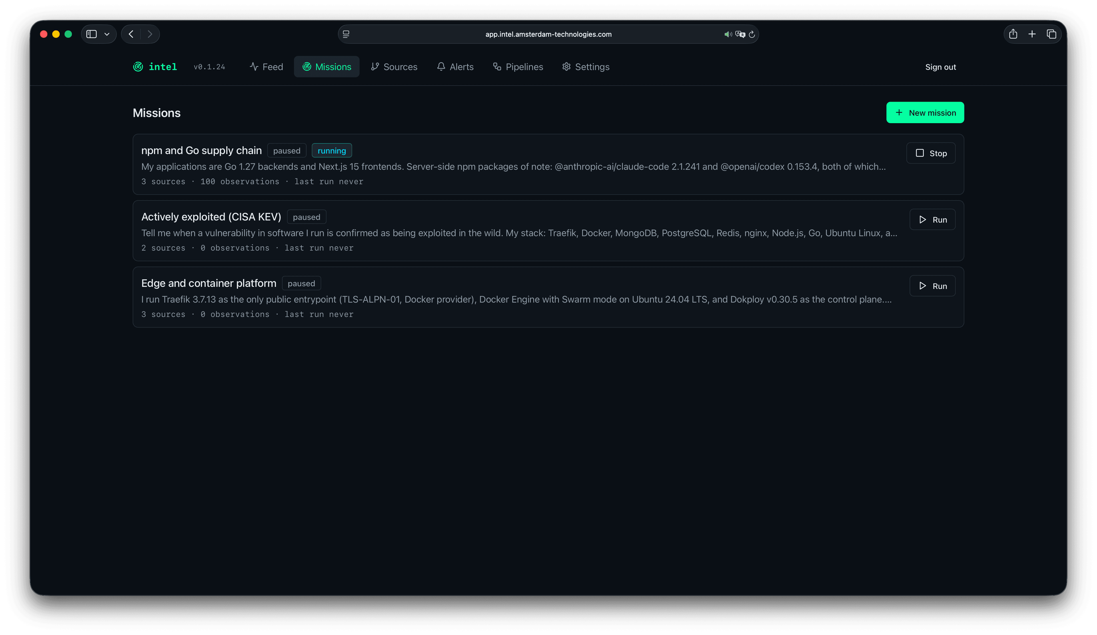 Intel missions screen listing active security monitoring objectives