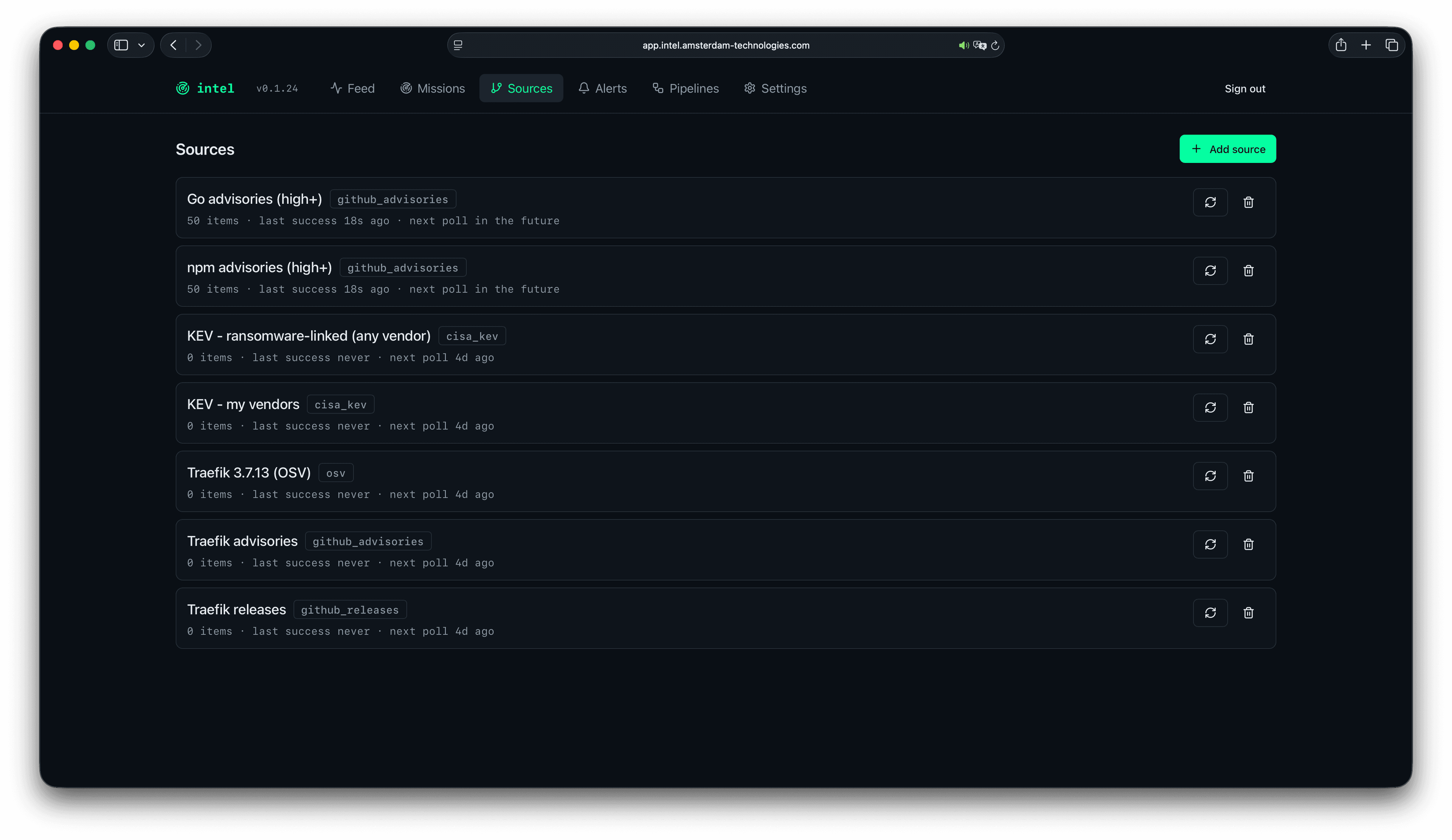 Intel sources screen listing configured security feeds and repositories