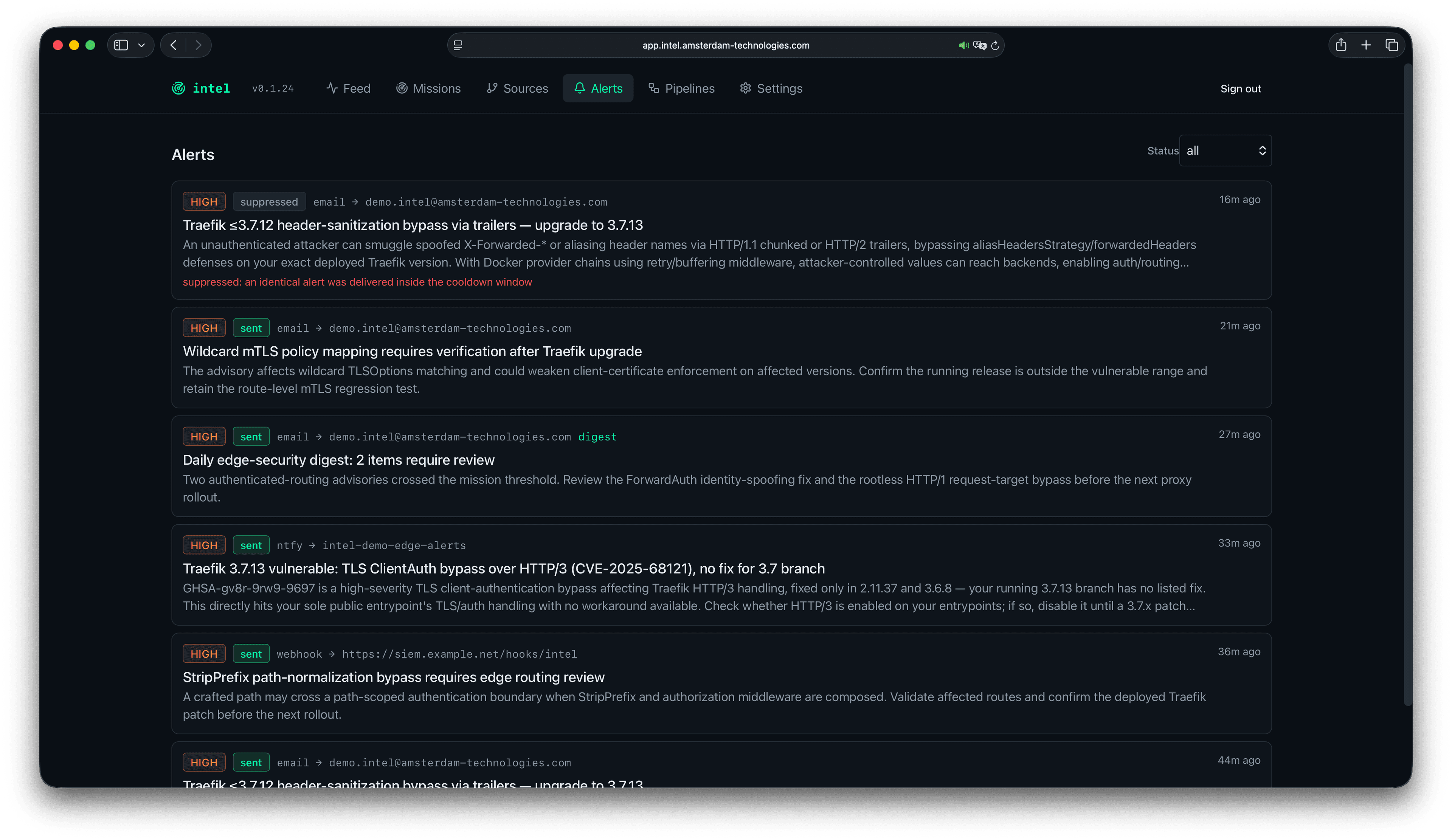 Intel alerts screen listing delivered security advisories with severity and source