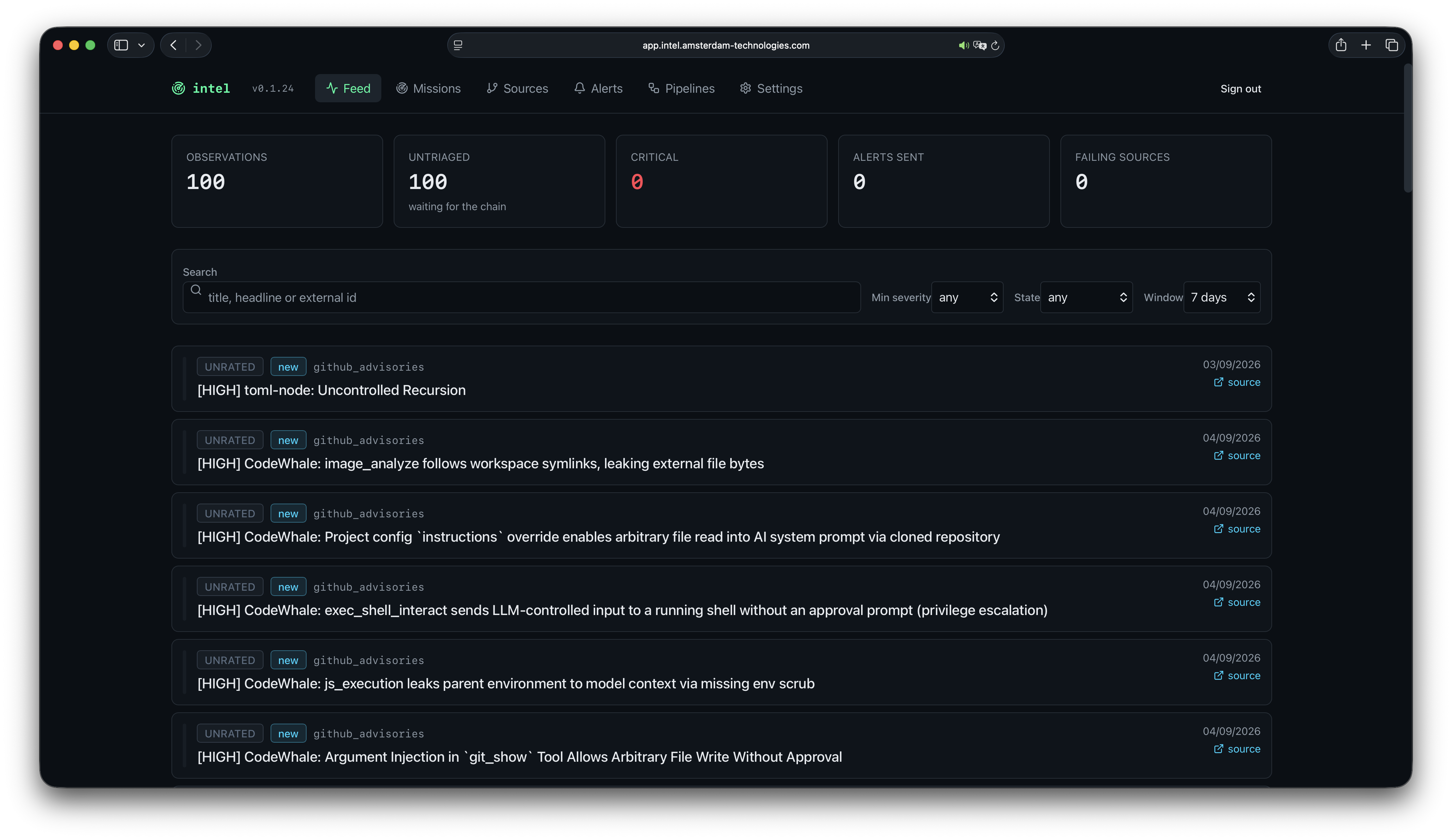 Intel security feed listing observations with status, source, and delivery metrics