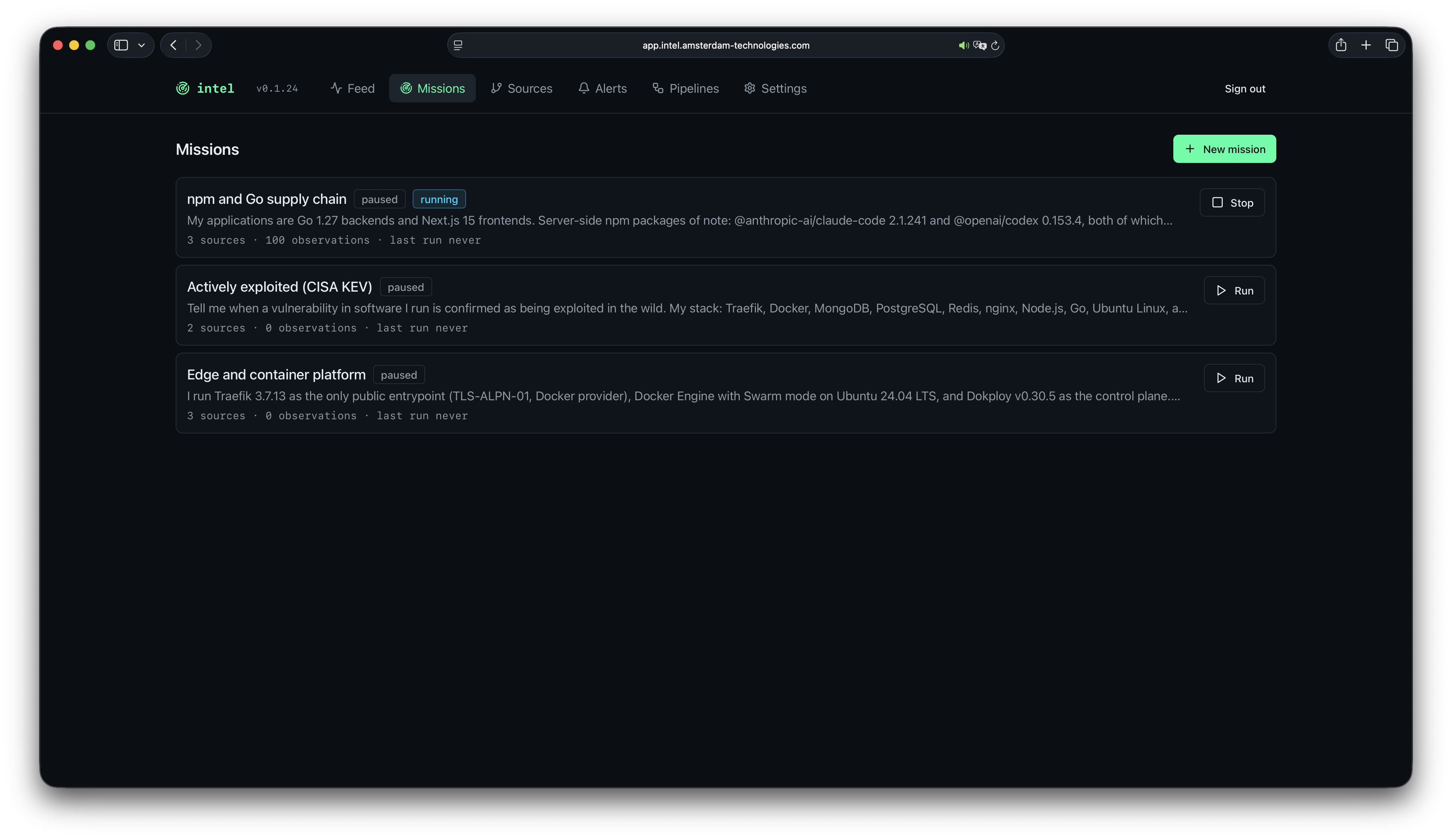 Intel missions screen listing active security monitoring objectives