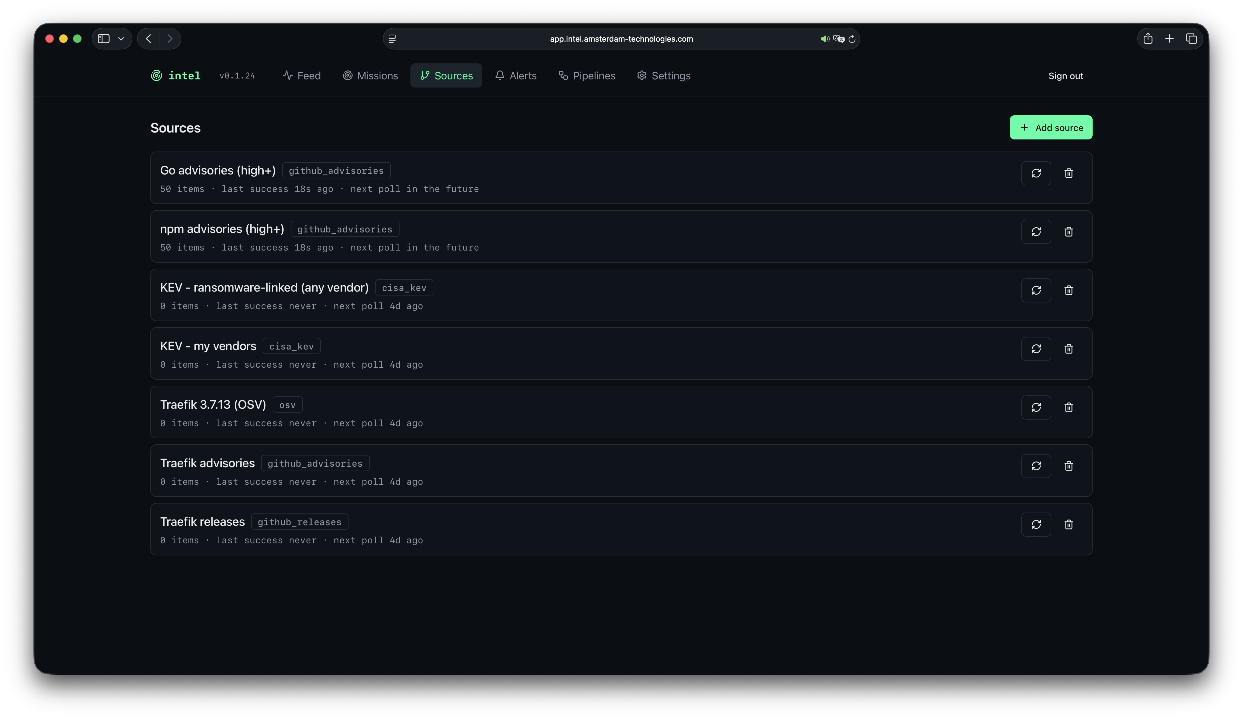 Intel sources screen listing configured security feeds and repositories