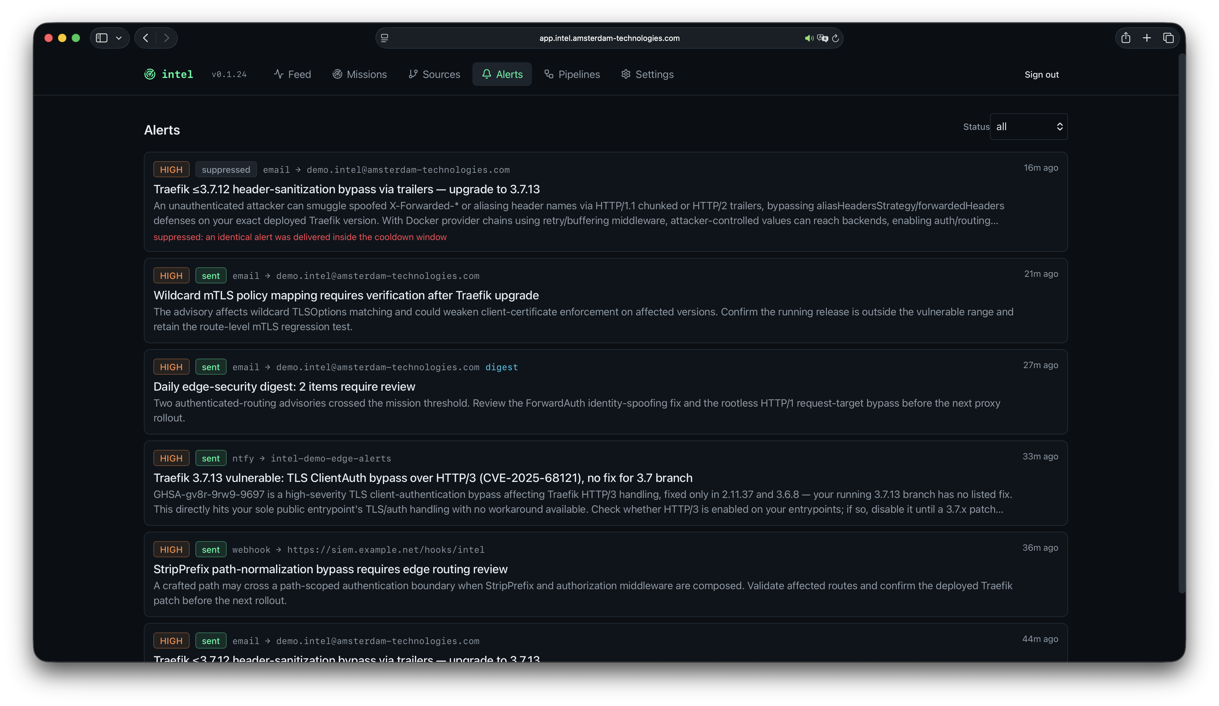 Intel alerts screen listing delivered security advisories with severity and source